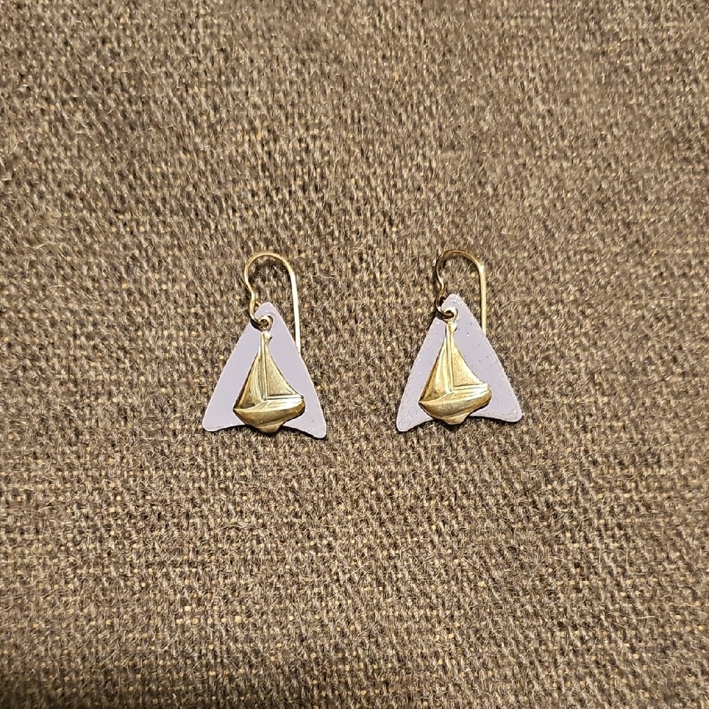 Nautical Silver Sailboat Earrings on Lavender Triangle